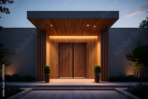 Contemporary vertical slat wooden entrance illuminated by hidden LED architectural lighting at twilight. 