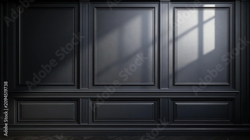 dark elegant paneled interior wall with decorative moldings, wooden floor and window sunlight casting geometric shadows, quiet moody atmosphere