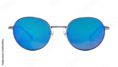Isolated round blue mirrored sunglasses with metallic frame, stylish modern fashion accessory