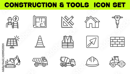 Cuadro en lienzo Construction and Tools Line Editable Icon Set Containing Build, House Repair Tools, Engineering, Builder and More