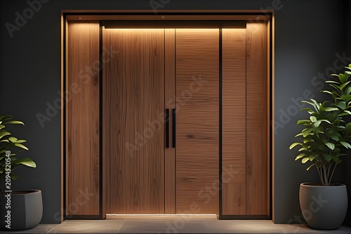 A modern walnut pivot door with seamless vertical grain, minimalist design and elegant architectural lighting.