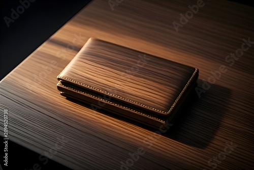 A premium cheque book wallet resting on rich walnut veneer illuminated by elegant side lighting 