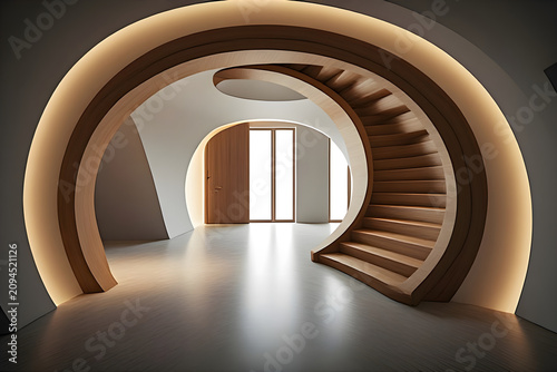  Beautiful curved wooden spiral doorway inside an ultra modern architectural interior with dramatic lighting.