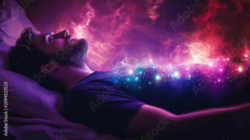 Man lying on a pillow asleep as a colorful cosmic stream of stars and nebulae flows from his chest, creating a serene, dreamy, otherworldly atmosphere