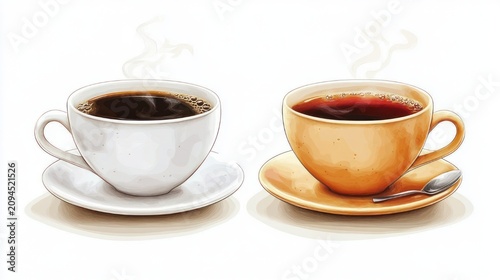 Two steaming cups — white cup of black coffee and orange cup of tea on saucers with a spoon, warm inviting cozy morning scene