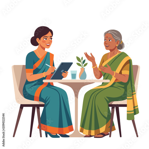 Smiling young Indian female professional in saree taking feedback on digital tablet from senior elderly woman customer sitting at table flat vector illustration