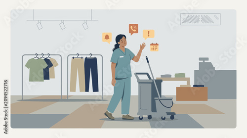 Retail worker multitasking with cleaning cart & notifications