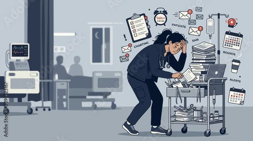 Stressed Nurse Overwhelmed with Workload in Hospital Setting