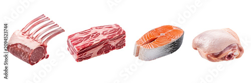 Premium Raw Protein Collection Featuring Lamb Rack Beef Short Ribs Salmon Steak and Chicken Thigh Isolated on Transparent Background
