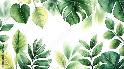 border of hand-painted green tropical leaves framing a bright blank center, fresh and calming botanical illustration