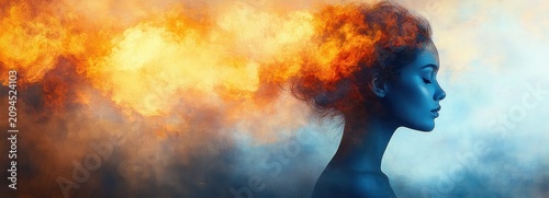 Silhouette of a person with face obscured by a blue rectangle, fiery orange smoke and clouds erupting from the head against a cool blue haze, surreal intense introspective mood