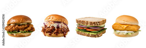 Fast Food Sandwich Collection Featuring Crispy Chicken Burger Pulled Pork Burger Fresh Vegetable Sandwich and Fish Fillet Burger Isolated on Transparent Background