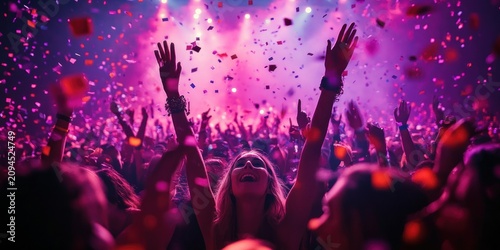 Joyful concert crowd with arms raised, confetti falling under purple and pink stage lights, central woman smiling and cheering in a euphoric live music celebration