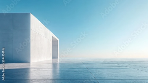Minimal white concrete building with open entrance beside a vast reflective tiled plaza under a clear blue sky, evoking calm serene solitude