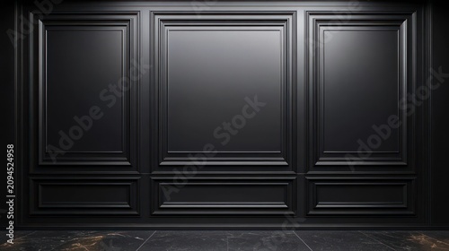 moody elegant black paneled wall with decorative molding and polished black marble floor with gold veining, dramatic overhead lighting