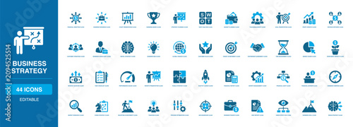 Business Strategy Solid Icon Set with finance planning, market research, profit growth, team management, risk analysis, startup launch, performance, customer targeting and business goals