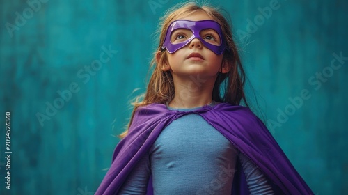 child wearing a purple cape and blue shirt standing in a confident heroic pose against a textured teal background expressing playful determination and empowerment
