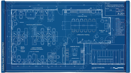 Tableau sur toile Blue architectural blueprint of a modern office furniture layout