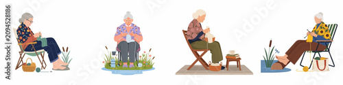 Set of flat vector illustrations of senior women knitting on chairs, relaxing in nature and at home, enjoying their peaceful retirement hobby.