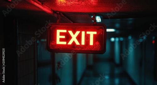 glowing red exit sign hanging in a dim blue-lit corridor, casting a tense cinematic mood