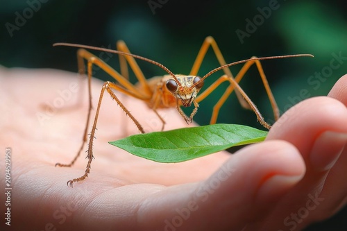 close-up of an orange stick insect perched on a human hand nibbling a green leaf, curious and gentle interaction