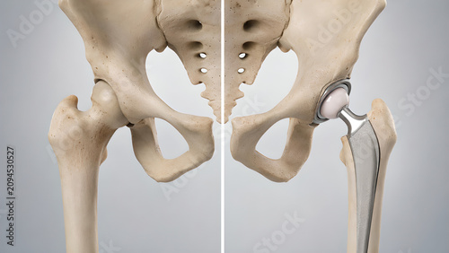 Normal Hip Anatomy Versus Total Hip Replacement with Ceramic Femoral Head Implant, Photorealistic Medical Illustration for Orthopedic Education, Radiology, Surgery, and Patient Care Guidance