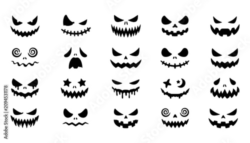 Tableau sur toile Halloween pumpkin carving faces set, spooky jack o lantern facial expressions ve
