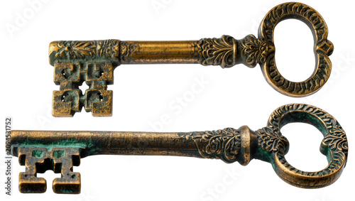 Foto Isolated antique ornate brass keys, old decorative metal objects, vintage style, weathered, oxidized
