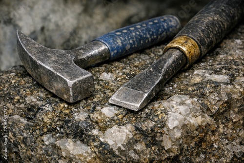 A pair of hammers resting on the edge of a rocky outcropping