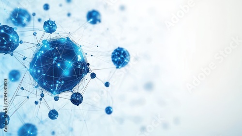 glowing blue interconnected spheres and nodes linked by fine lines forming a dynamic molecular network with light bokeh on a soft white background, futuristic and energetic