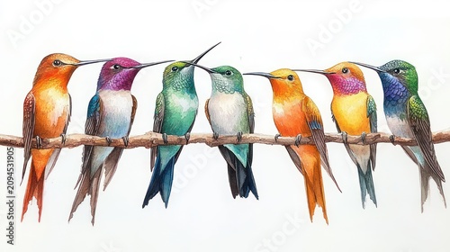Eight vibrant hummingbirds in varied colors perched along a thin branch on a white background, playful and serene mood