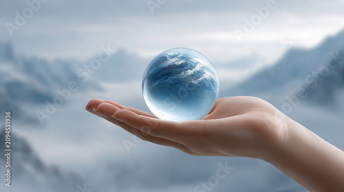 Surreal dreamlike scene of hand holding glass sphere reflecting cloudy sky with mountains in background creating peaceful atmosphere