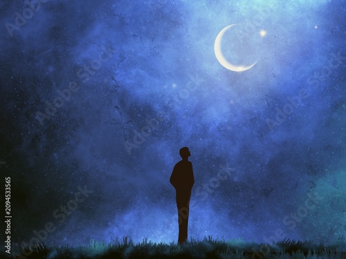 A silhouette of a man standing and looking up at a crescent moon on a quiet night, background illustration conveying a person's state of mind