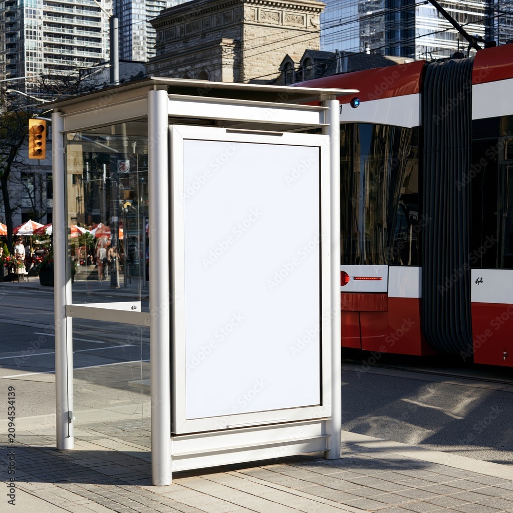 Obraz premium Blank Toronto bus shelter advertising display mockup. Blank white billboard poster display provides copy space at a downtown bus stop