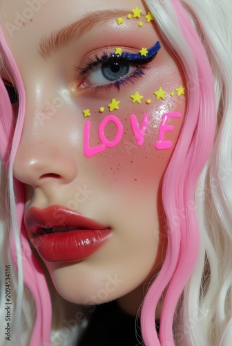 Close-up portrait of a young woman with creative neon makeup and 