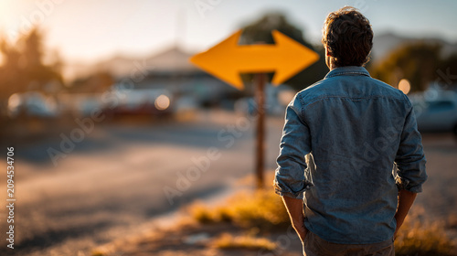 Man standing before yellow directional signs making a difficult choice