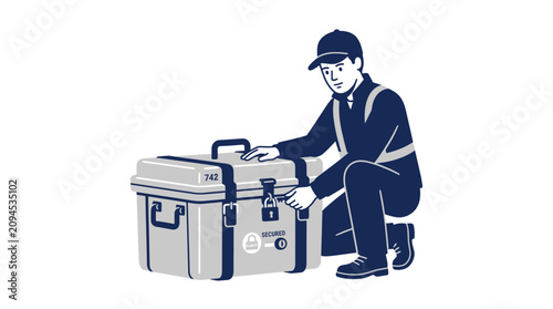 Tableau sur toile Delivery Man Securing Luggage with Lock, Courier Service, Secure Transport