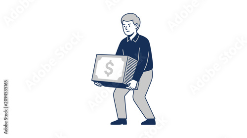 Εκτύπωση καμβά Man Carrying Heavy Box with Dollar Sign, Financial Burden, Money Weight Concept