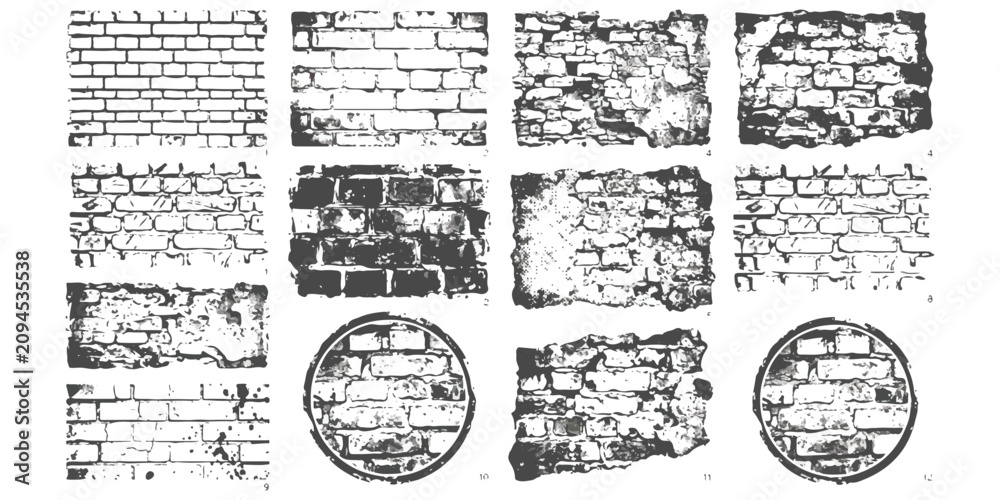 Obraz premium Set of black and white brick wall textures and stone pattern sketches