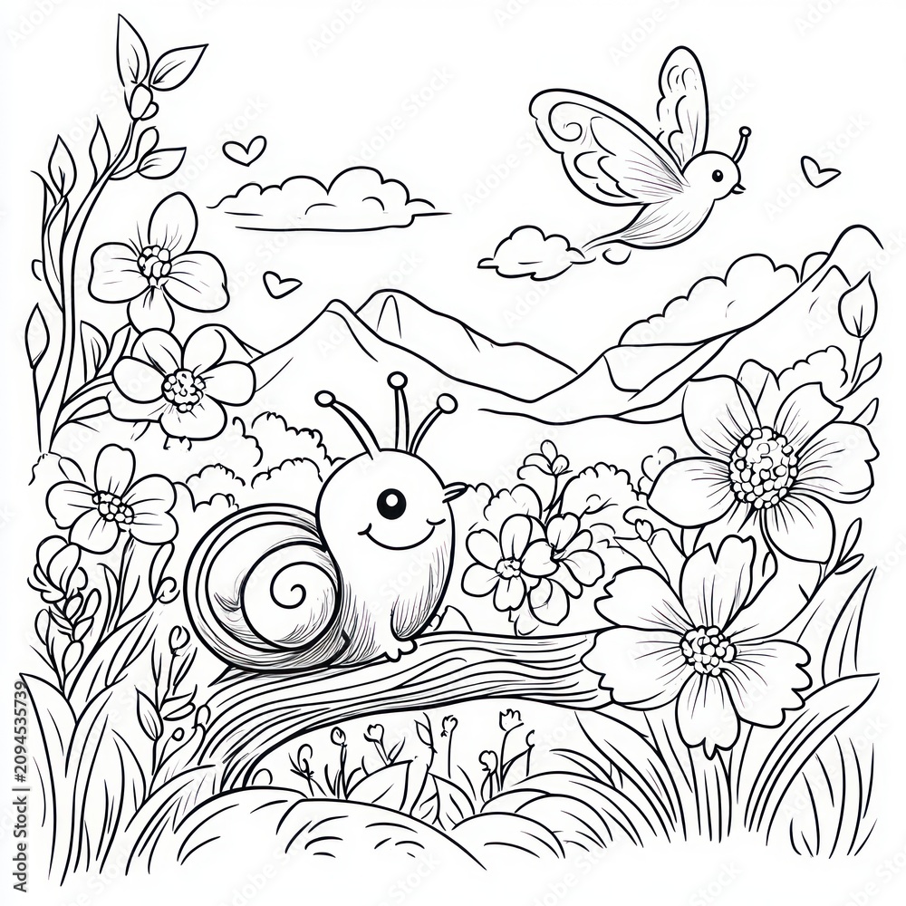 Fototapeta premium Cheerful smiling snail on a log among large blooming flowers and grass, a fluttering butterfly overhead, hearts, distant mountains and clouds in a whimsical garden scene