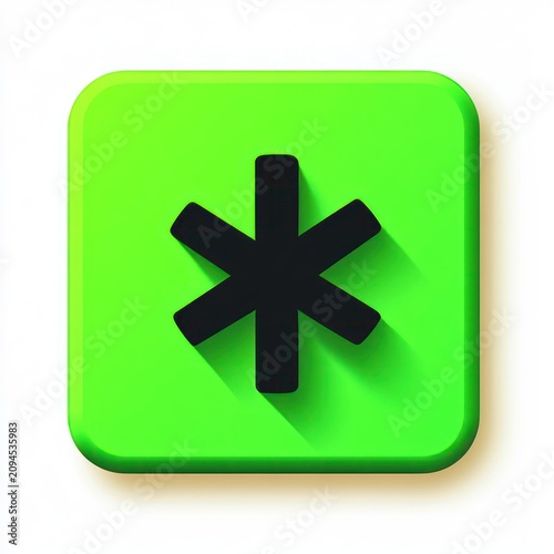 vibrant green rounded square button with bold black six-point asterisk icon, long diagonal shadow on white background, modern playful minimal design