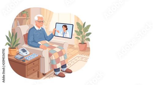Foto Elderly man with blanket video calling doctor on tablet at home, concept for tel
