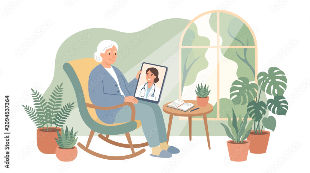 Fototapeta premium Elderly Woman Consults Doctor Online via Tablet in Cozy Living Room, Representing Telehealth and Remote Healthcare Accessibility for Seniors