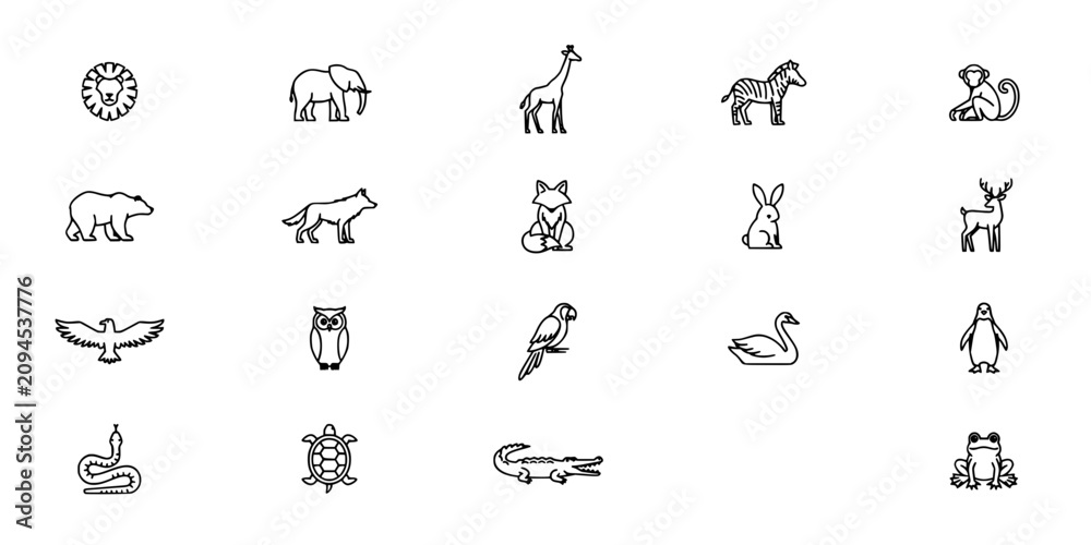 Fototapeta premium Animals Arranged in a Grid Pattern as Icons Featuring Illustration, Vector, Wildlife with Nature and Mammals Elements for Birds