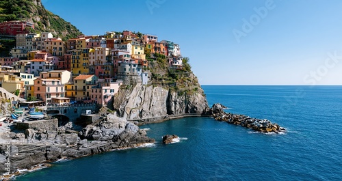 Bright coastal scene featuring vibrant homes perched on cliffs above the shimmering Mediterranean Sea.