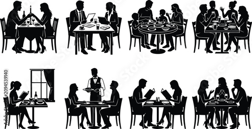 Collection of restaurant dining silhouettes featuring people enjoying meals, business meetings, and social gatherings