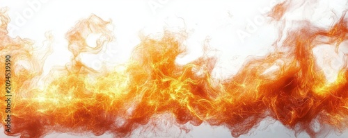 swirling orange and yellow flames and wispy smoke streaks across a white background conveying intense energetic motion and heat