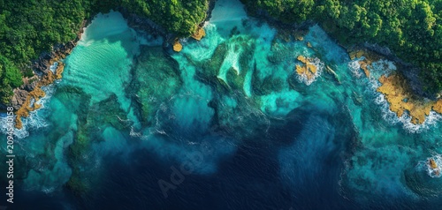 Aerial view of a tropical coastline with turquoise reefs, clear shallow lagoons and deep blue ocean meeting a lush green forest and rugged rocky shore, evoking serene awe