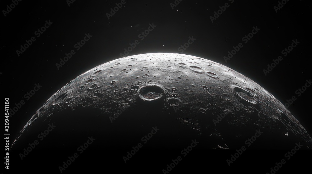 Fototapeta premium curved cratered lunar-like horizon with large impact craters and illuminated rim beneath a starry black sky, stark, desolate and awe-inspiring