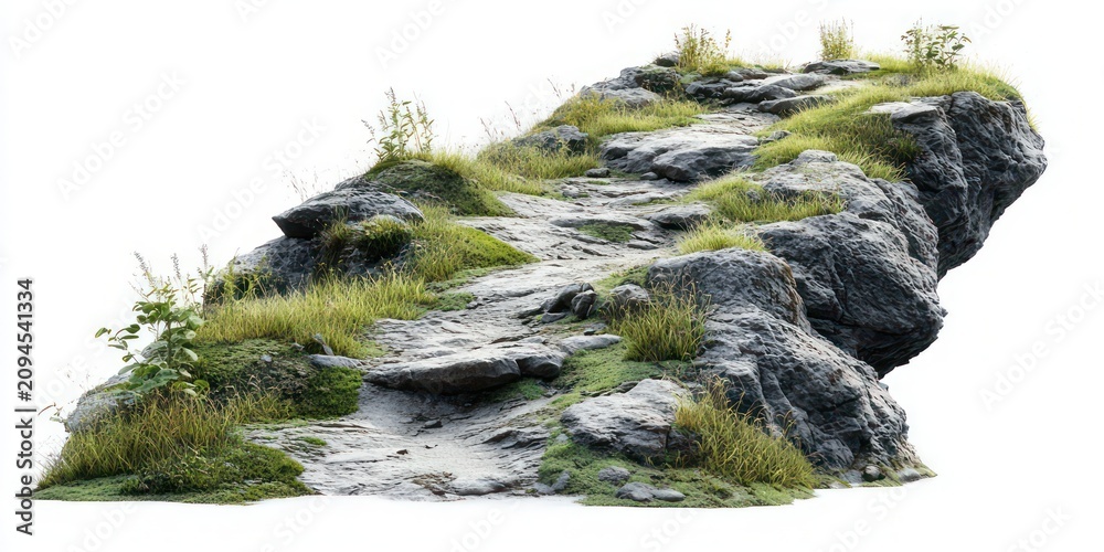 Obraz premium mossy rocky outcrop with grassy patches and a rugged stone path, serene isolated natural rock formation